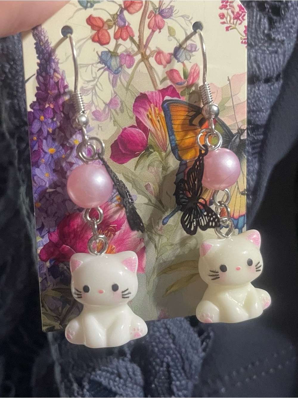 Hand Crafted White and Pink Kitty Dangle Earrings with Butterfly Charm